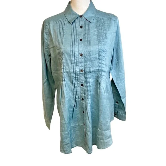 SUNDANCE Blue Katina Linen Pintuck Tunic Shirt Sz M Pleated Boho Travel‎ Relaxed - Picture 14 of 14